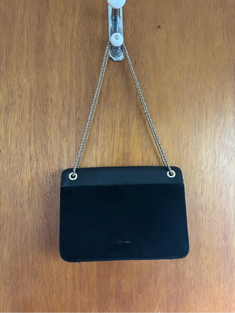 Sezane Black Suede & Leather Shoulder Bag with Gold Chain